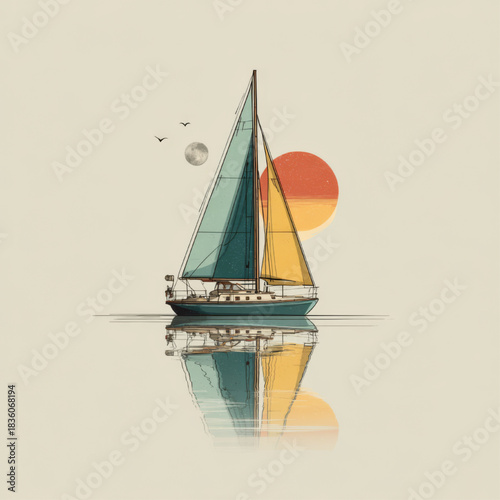 Minimalist sailboat illustration, muted colors, representing a sea voyage and tranquility, with copy space