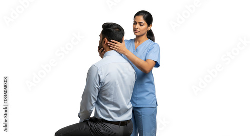 Female doctor examines male patient's cervical spine on white background.