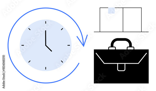 Time management, work-life balance, productivity, planning, organization, efficiency. A clock, briefcase and calendar elements. Time management and productivity explored