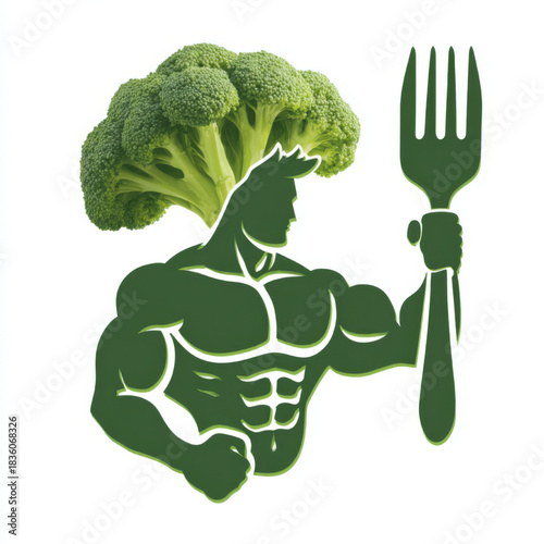 Powerful muscular man with broccoli hair representing healthy eating against a white background