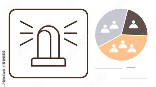 Flashing alarm light beside segmented pie chart organizing groups of people by priority or urgency. Ideal for emergency, alert, risk management, priority setting, safety, team planning, and quick