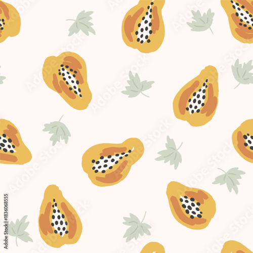 Hand painted juicy papaya slices with seeds and leaves, forming a minimalist fruit pattern in colors of yellow, orange, black and green on beige background. Tropical fruit seamless vector pattern.