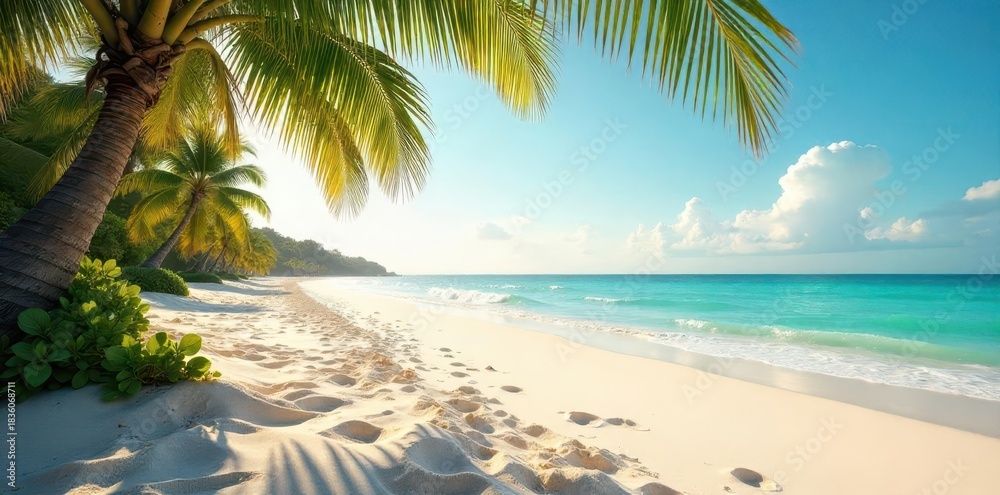 Fototapeta premium Serene sunlit tropical shoreline with gentle waves lapping onto pristine white sand and lush green foliage under a vibrant blue sky