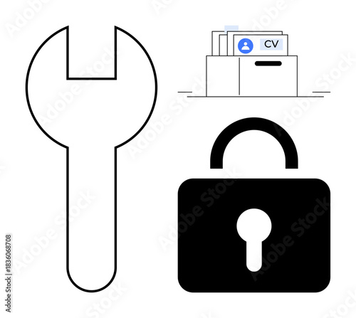 Data protection concept. Padlock, wrench, and files security, system maintenance, and organized storage. Data protection ensures safe storage and management. Ideal for IT, cybersecurity storage