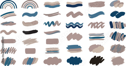 Collection of abstract brush strokes and rainbows in muted blue and beige tones paint stroke