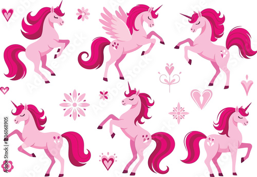 Adorable pink unicorn characters with wings and flowers for magical designs today
