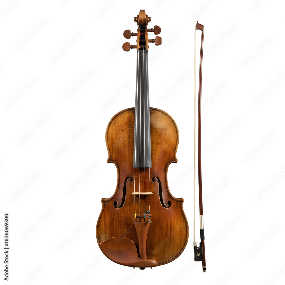 Fototapeta premium Elegant antique violin with bow on a plain white background