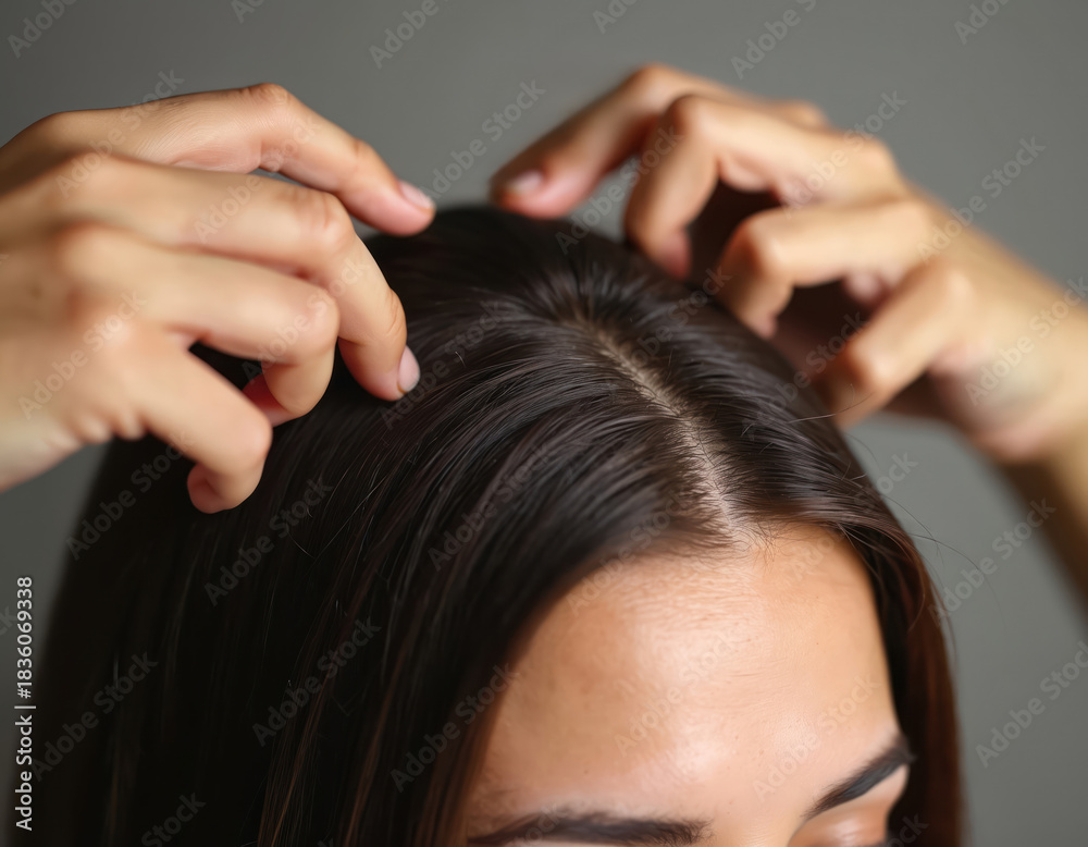 Fototapeta premium Woman styles hair topper adding volume and covering thinning spots. She adjusts hairpiece clip on scalp for fuller look. Beauty solution for head.