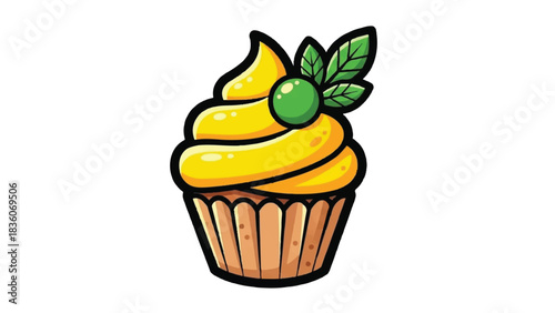 Delicious Yellow Cupcake with Green Garnish Illustration.