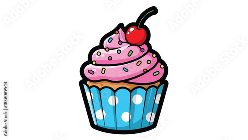Delicious Pink Frosted Cupcake with Cherry and Sprinkles.