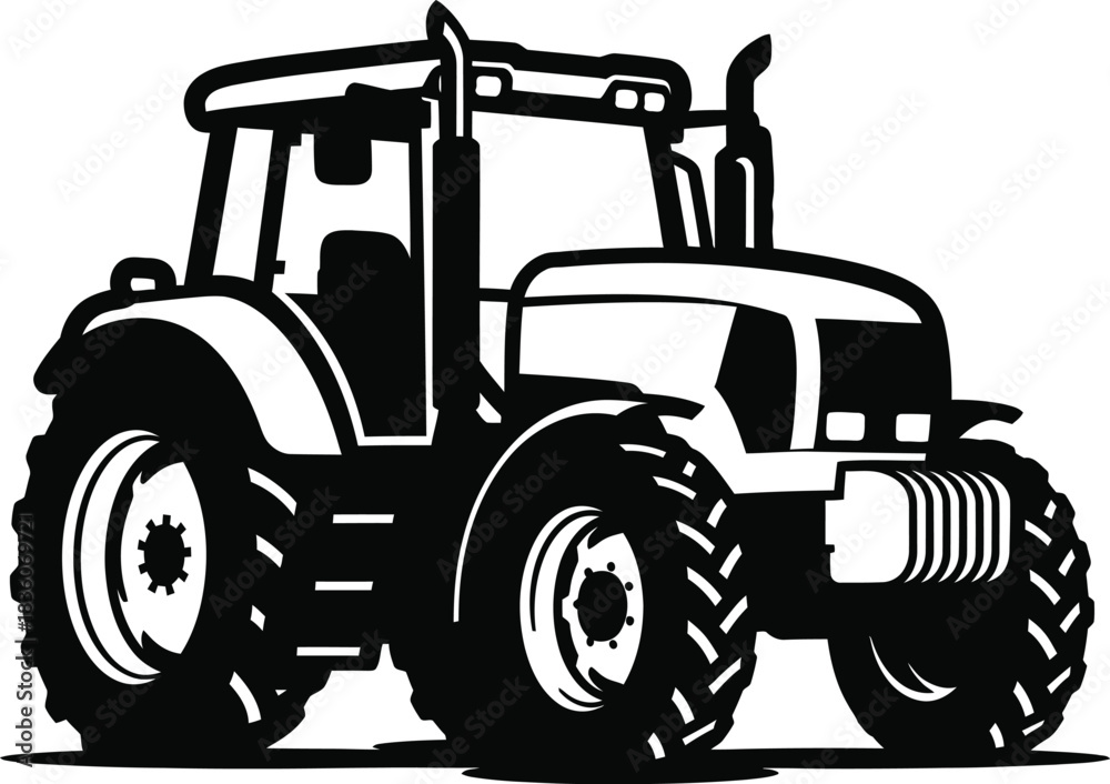 Obraz premium Black Silhouette of a Modern Tractor with Large Tires and Detailed Cab on a White Background vector illustration