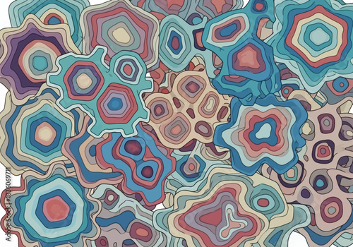 Abstract organic shapes in concentric layers of muted blues reds and tans