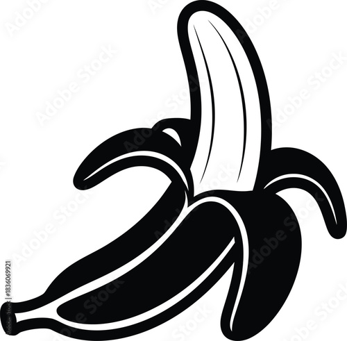 Black silhouette of a partially peeled banana with curved peel on a white background fruit tropical