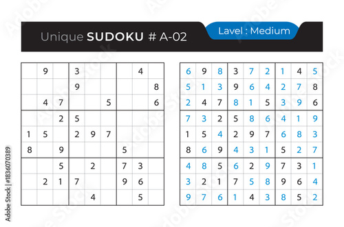 Sudoku puzzle with answer. Vector puzzle game with numbers for kids and adults. 9x9 sudoku Illustration on white background.