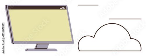 Computer monitor next to a cloud shape symbolizing digital technology, cloud computing, online storage. Ideal for technology, digital tools, innovation, data management, remote accessibility