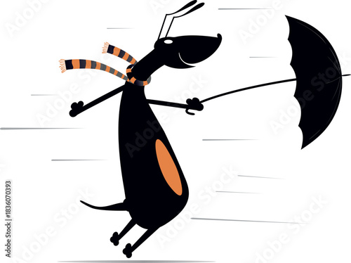 Cartoon dachshund with umbrella stands on strong wind