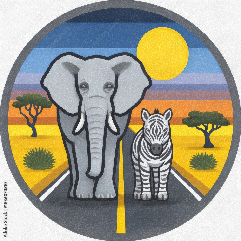 Naklejka premium Colorful emblem of an elephant and zebra, in grey, yellow, and blue, representing African safari and wildlife adventure, in a textured illustration style.
