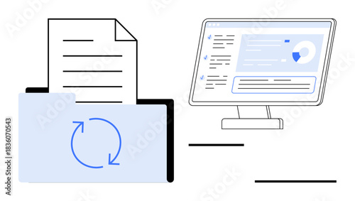Digital storage, cloud backup, data synchronization, file organization, IT solutions, remote access. A folder with sync symbol and a computer displaying data. Cloud backup and data synchronization