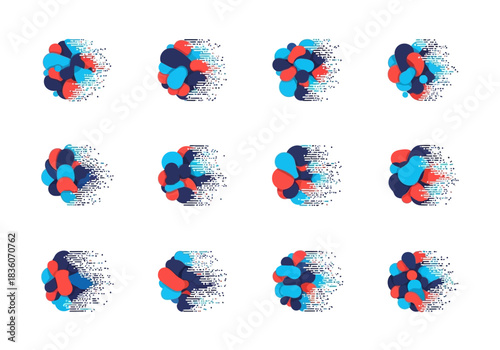 Twelve abstract shapes composed of dissolving colored blobs moving rightward