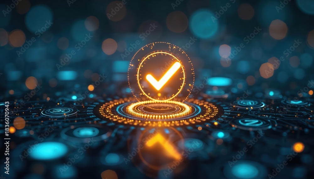 Naklejka premium Abstract digital interface with glowing checkmark symbol. Futuristic circuit board with blue and orange lights signifying approval or success in technology.