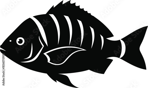 Black silhouette of a fish with striped fins and tail on a white background seafood aquatic