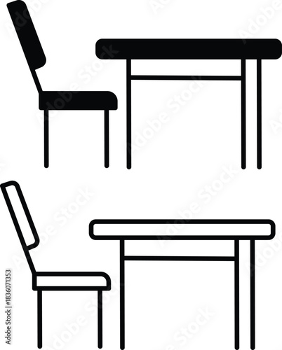 Furniture for Kitchen or Dining Room Black and White Table and Chair Set Vector Silhouette and Pictogram..eps