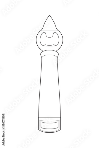 Vector bottle opener tool outline for kitchen, bar equipment, packaging design, and utensil icons.