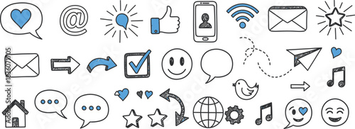 Hand-drawn social media icons set with heart, chat, and notification symbols