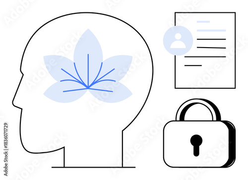 Mental health, data privacy, identity authentication, personal information, mindfulness, cybersecurity. Outline of a head with a flower design, a document profile and a padlock. Mental health