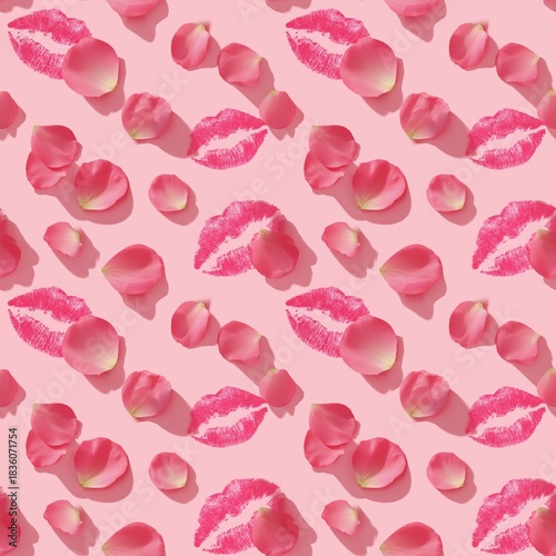Pink Kiss Marks and Rose Petals Pattern for Valentine's Day