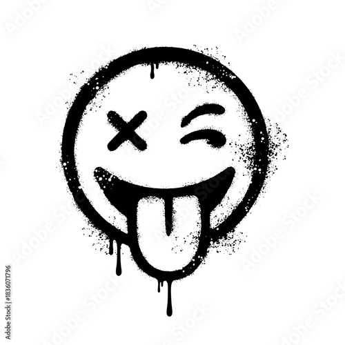 Winking tongue out emoji, black graffiti spray-painted face icon, fun symbol.