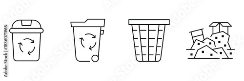 Recycling bins seamless pattern, eco waste containers line icons, landfill garbage pile outline vector illustration background.