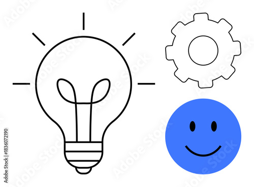 Ideas concept. Features light bulb, gear, and happy face ideas, innovation, and positivity. Ideas foster creativity, teamwork and productivity. Perfect for business design education and more