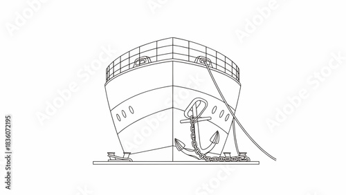 A detailed line drawing of a large ship's anchor on a vessel at dock