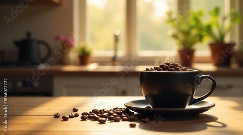 A rich dark cup overflows with whole roasted coffee beans, radiating warmth and aroma on a sunlit wooden surface, promising morning refreshment