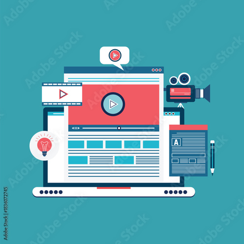 Digital media production and marketing concept with video screen, camera