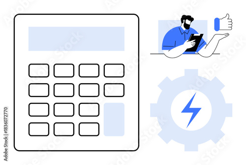 Business tools, productivity, fintech, energy optimization, teamwork, technology. Visual includes a calculator, a gear with lightning and a person holding a tablet. Business tools and productivity