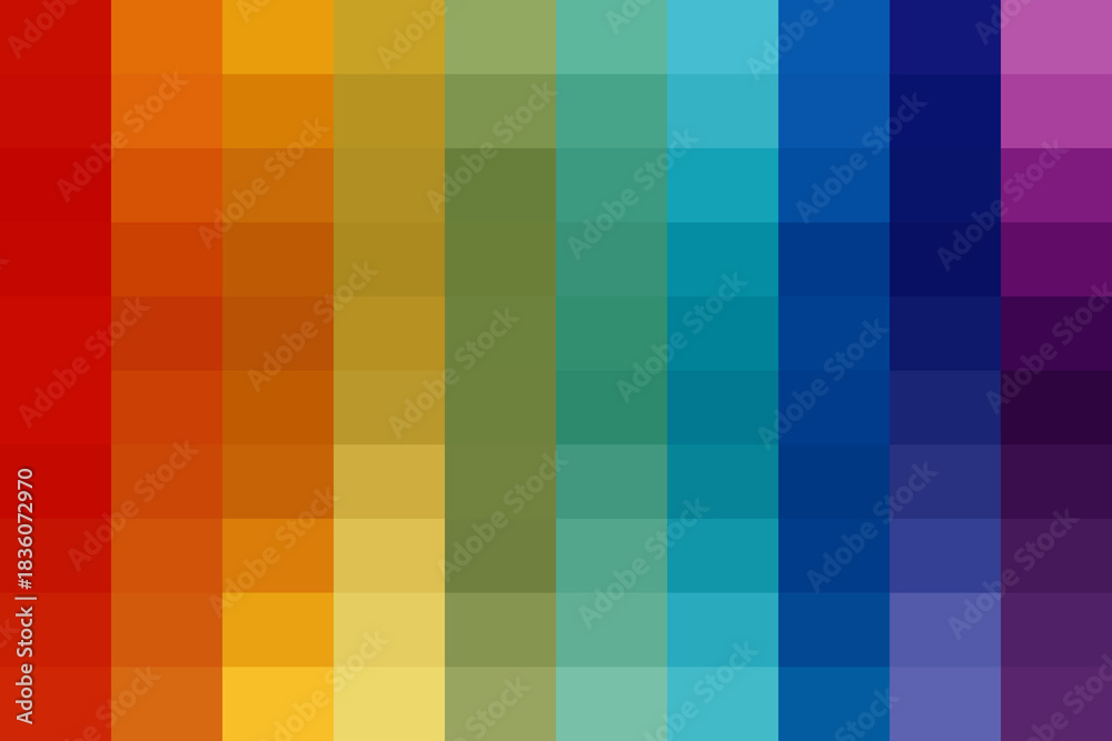 Obraz premium Vibrant pixelated rainbow gradient background abstract pattern transitioning from red to purple, vertical color spectrum mosaic design