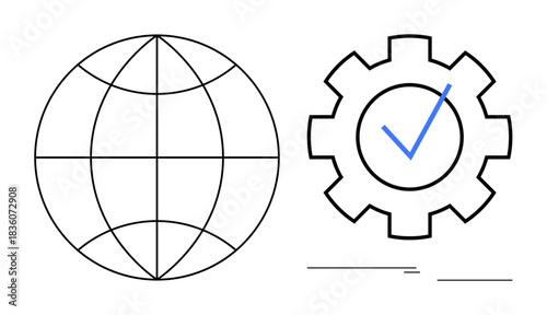 Globe with latitude and longitude lines alongside a gear with a blue checkmark emphasizes global connection, process automation, and system reliability. Ideal for technology, business operation