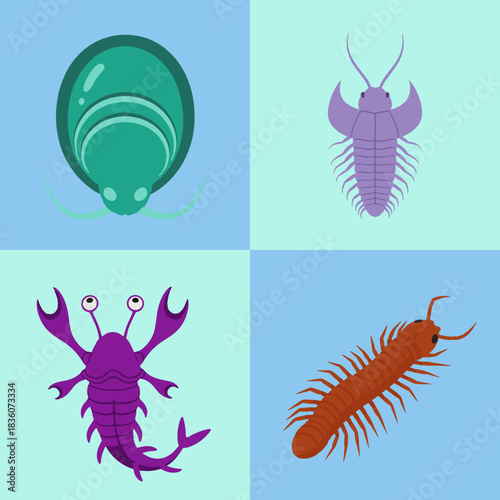 set illustration vector graphic of various animal species in the Paleozoic era