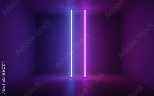 Interior scene of a dark room with two vertical neon light tubes glowing