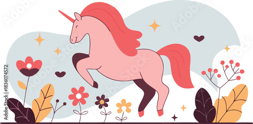 Whimsical pink unicorn prancing joyfully among flowers and shining stars art