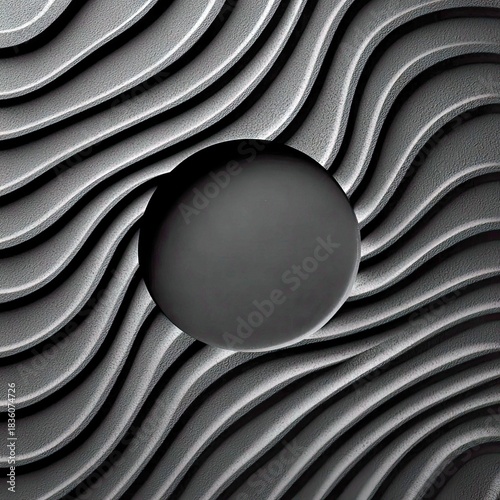 Black Sphere Floating Above Wavy Textured Surface