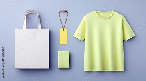 Blank Tote Bag, T-shirt, Tag and Folded Cloth on Blue Background