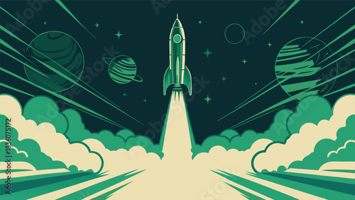 Retro rocket ship blasting off to explore distant planets and cosmic dreams