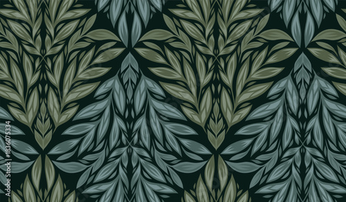 Vector seamless pattern with tracery leaf on dark green background. Tile texture with stylized foliage