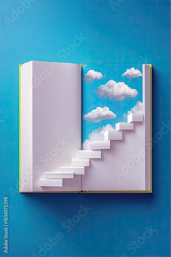 Book with stairs to clouds on blue background