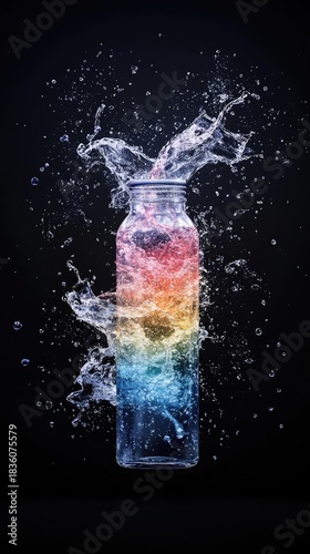 Bottle Exploding Water Splash with Rainbow Colors on Black