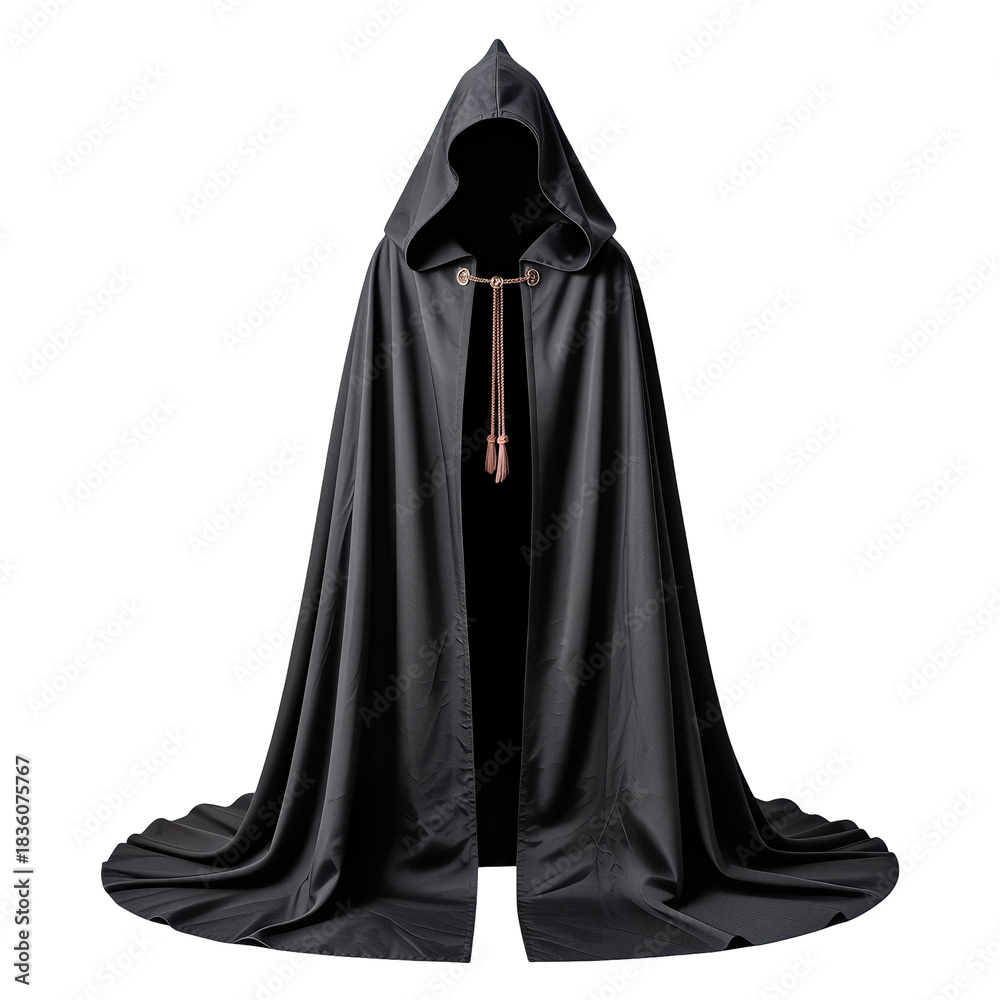 Naklejka premium Black hooded cloak a dramatic flowing garment ideal for cosplay fantasy or theatrical productions Isolated on transparent background, png
