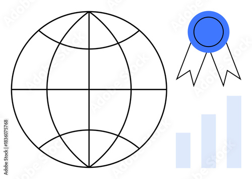 Global business concept. globalization, progress tracking, and achievements with a globe, badge, and bar chart. Global business for marketing, education, analytics teamwork innovation